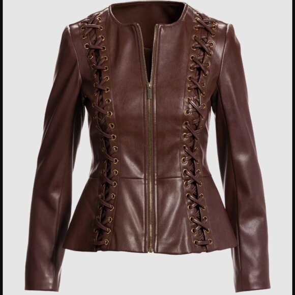 Boston Proper Faux Leather Lace Up Grommet Jacket, Women's Size L - Chocolate - Picture 1 of 10